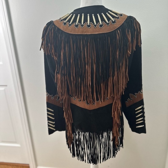 Vtg Leather Gallery Black Suede & Leather Jacket Fringe Faux Bone Beads - Picture 4 of 7
